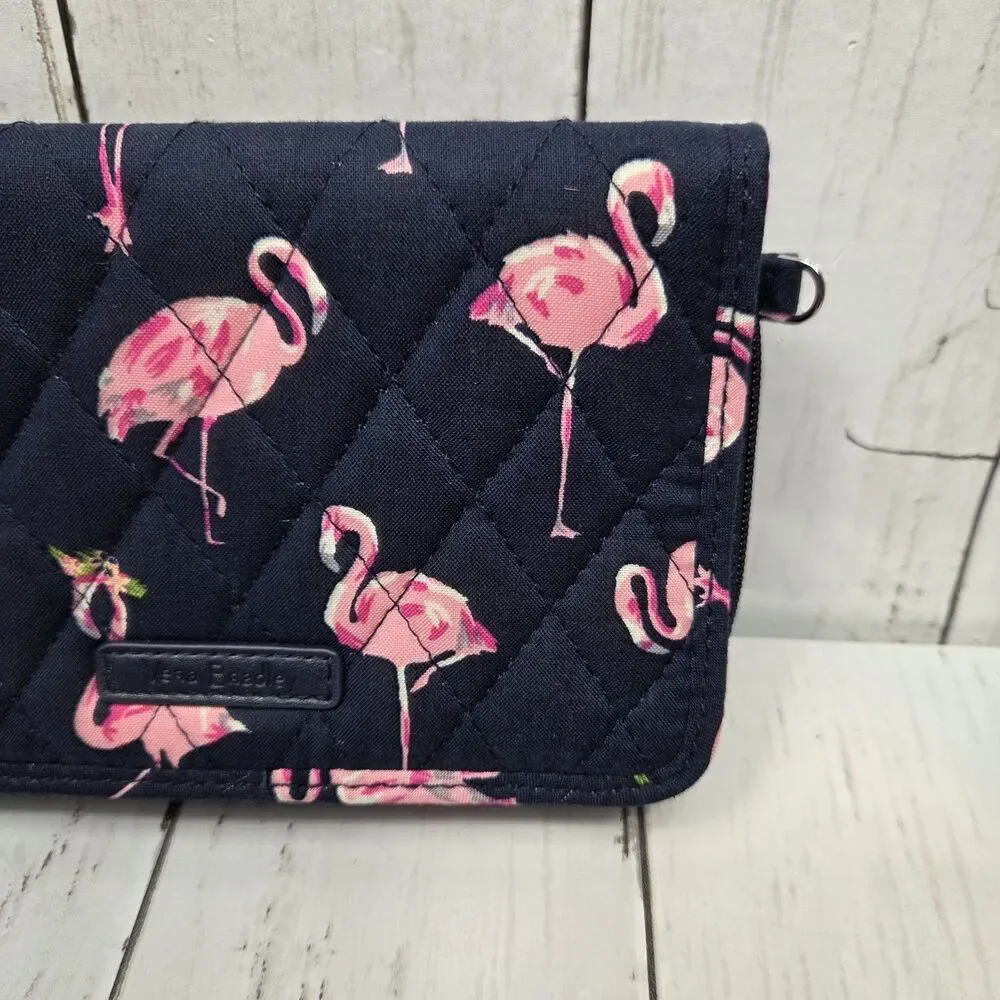 Vera Bradley Pink Flamingo Quilted Wallet Navy Blue RFID Multi Compartment GUC